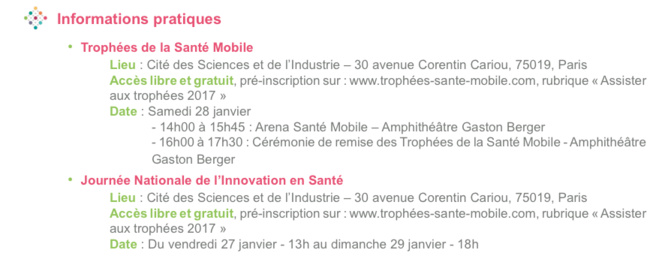 Trophées de la Santé Mobile 2017 : au cœur de la Journée Nationale de l’Innovation en Santé ! Trophées de la Santé Mobile 2017 : au cœur de la Journée Nationale de l’Innovation en Santé !