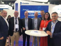Premier hospitalo-Living Lab de France, le projet ERIOS a été lancé lors de la dernière édition de SantExpo. De gauche à droite : Frédéric Vaillant (directeur général délégué pour la France, Groupe Dedalus), Thomas Le Ludec (directeur général, CHU de Montpellier), Emmanuel Mougeotte (directeur général pour la France, Groupe Dedalus), le Dr David Morquin (président de la délégation à l’usage du numérique, CHU de Montpellier), Guillaume Reynaud (directeur des relations publiques, Groupe Dedalus), Marion Peyressatre (country product manager, Groupe Dedalus), Andrea Fiumicelli (président directeur général, Groupe Dedalus). ©DR Premier hospitalo-Living Lab de France, le projet ERIOS a été lancé lors de la dernière édition de SantExpo. De gauche à droite : Frédéric Vaillant (directeur général délégué pour la France, Groupe Dedalus), Thomas Le Ludec (directeur général, CHU de Montpellier), Emmanuel Mougeotte (directeur général pour la France, Groupe Dedalus), le Dr David Morquin (président de la délégation à l’usage du numérique, CHU de Montpellier), Guillaume Reynaud (directeur des relations publiques, Groupe Dedalus), Marion Peyressatre (country product manager, Groupe Dedalus), Andrea Fiumicelli (président directeur général, Groupe Dedalus). ©DR