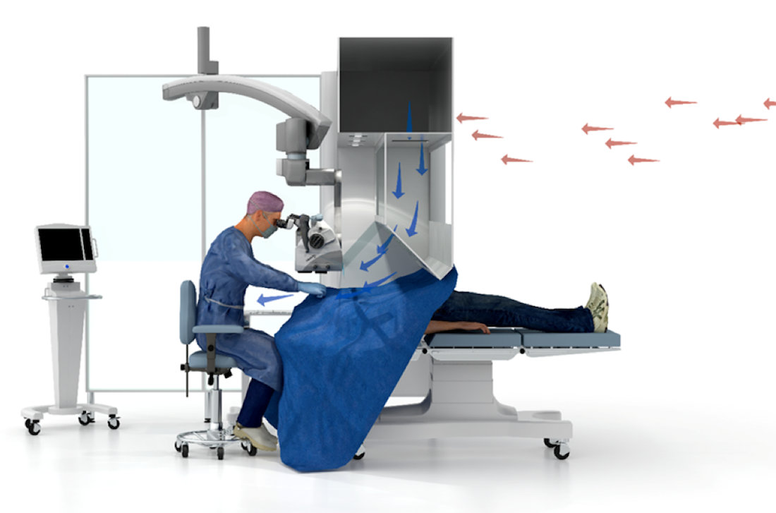 Le flux d’air laminaire permanent est dirigé sur la surface d’opération et la table à instruments. ©DR