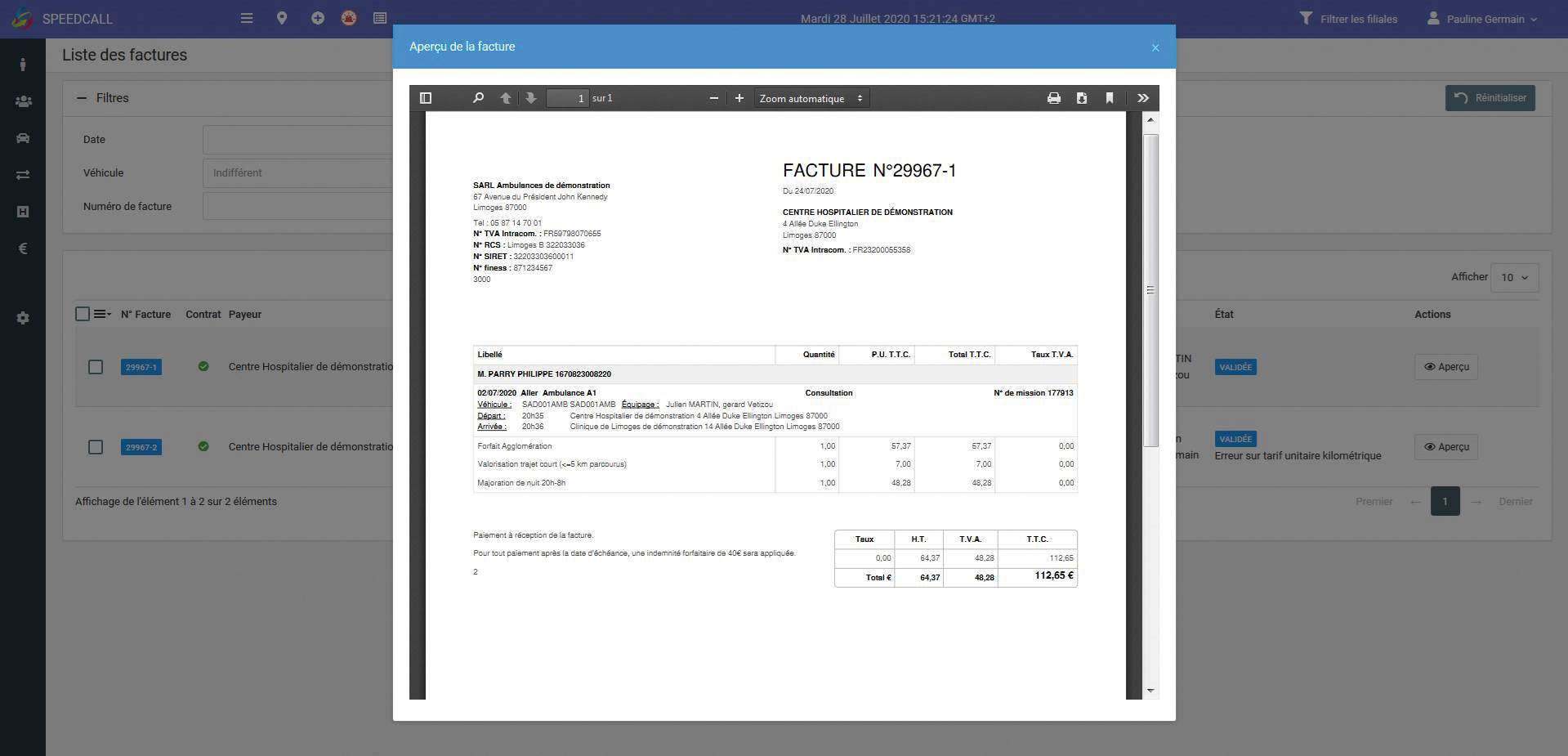 Exemple d’une facture dématérialisée de la plateforme SpeedCall (Les informations d’ordre privé présentes sur cette facture sont fictives.)