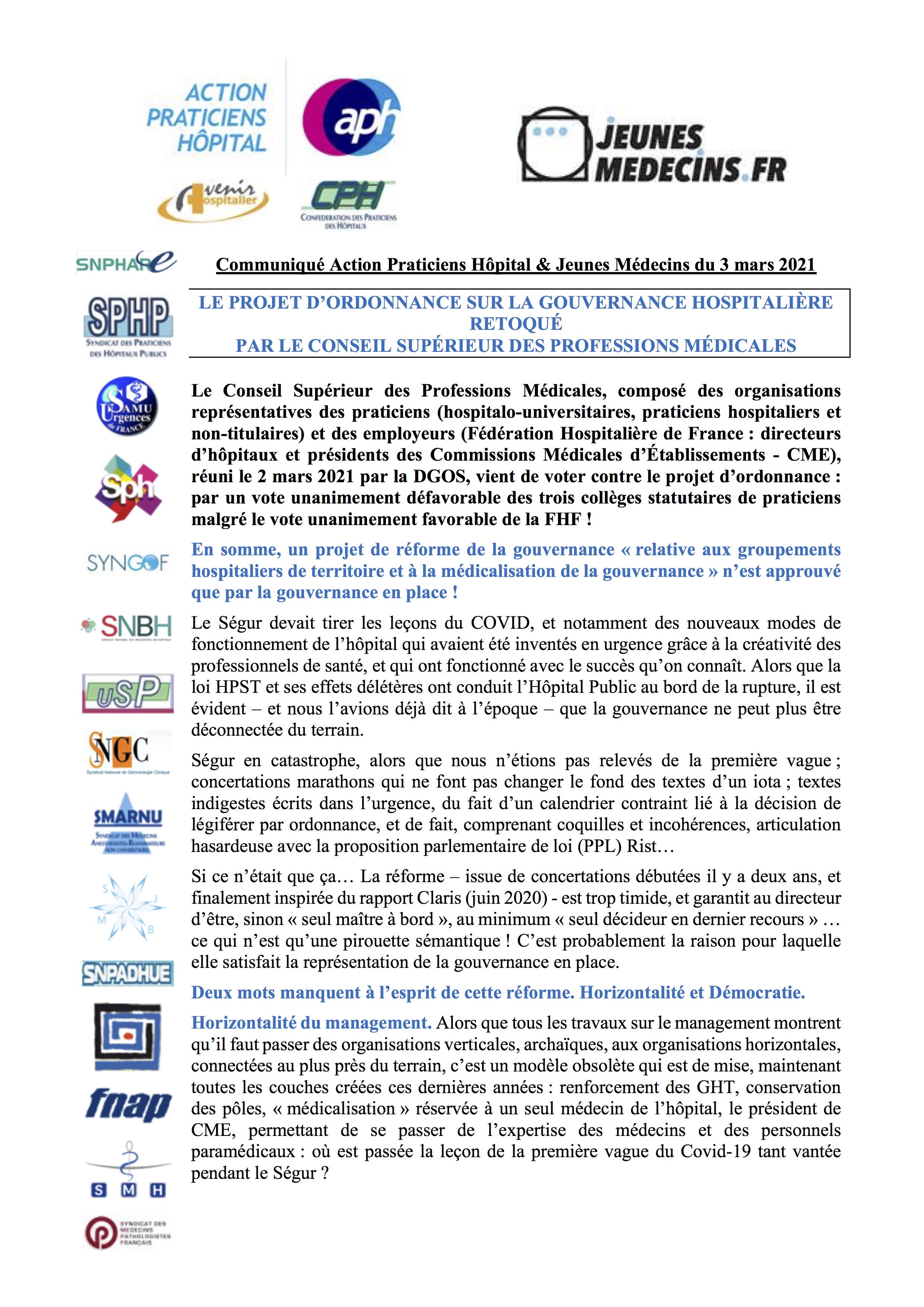 Réforme de la gouvernance hospitalière : APH et Jeunes Médecins appellent à plus d’horizontalité et de démocratie