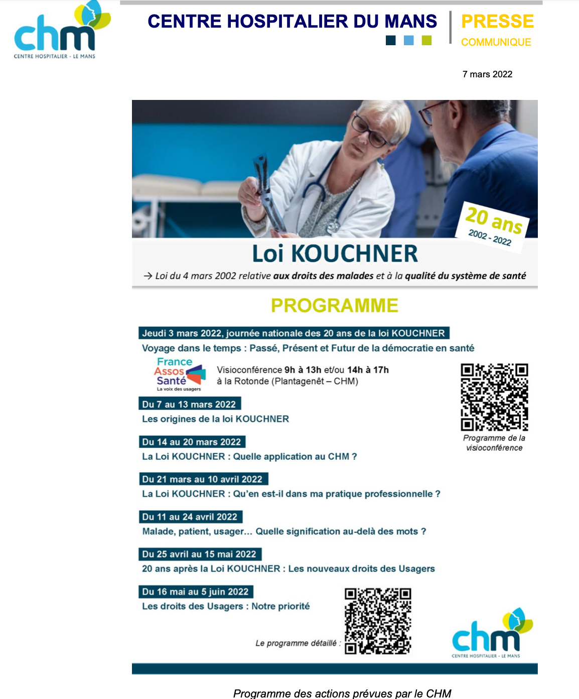 La Loi Kouchner fête ses 20 ans : le CH du Mans met en place différentes actions à destination des usagers et des professionnels