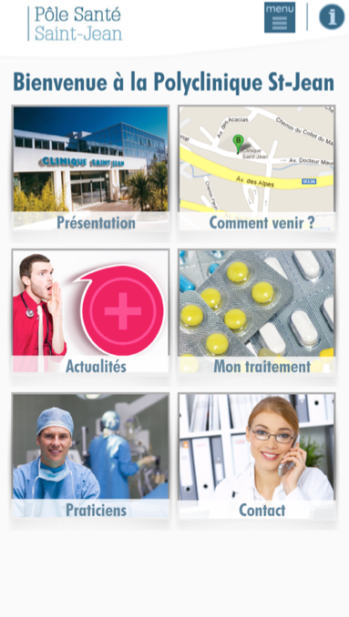 Menu général  écran smartphone de  l'appli mobile  Saint-Jean à usage des patients