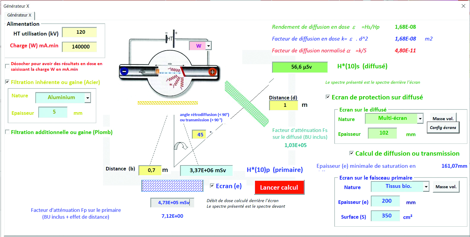 Domaine imagerie X. Calcul efficacité radioprotection (béton 10 cm, plomb 2 mm) vs rayonnement diffusé par un scanner X.