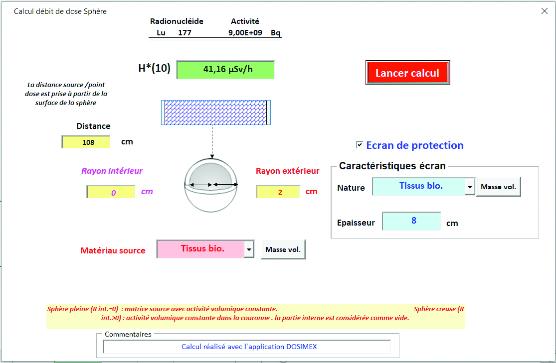 Domaine : médecine nucléaire Calcul débit de dose à 1 m d’un patient après injection de 9 GBq de Lutetium177 dans la prostate (valeur mesurée 39 μSv/h).