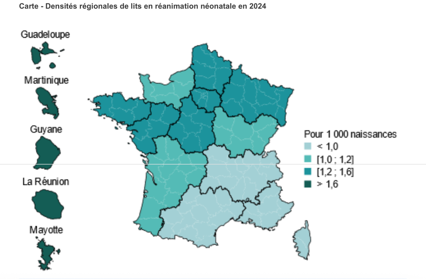 Note > Les bornes correspondent à une répartition en quartiles. Lecture > En 2024, la densité de lits de réanimation néonatale de la Guyane est supérieure à 1,5 lit pour 1 000 naissances (1,5 ‰). Champ > France (incluant Saint-Martin et Saint-Barthélemy), y compris le service de santé des armées (SSA) Source > Drees, SAE 2024 (bases statistiques), traitements Drees ; Insee, nombre de naissances en 2024.