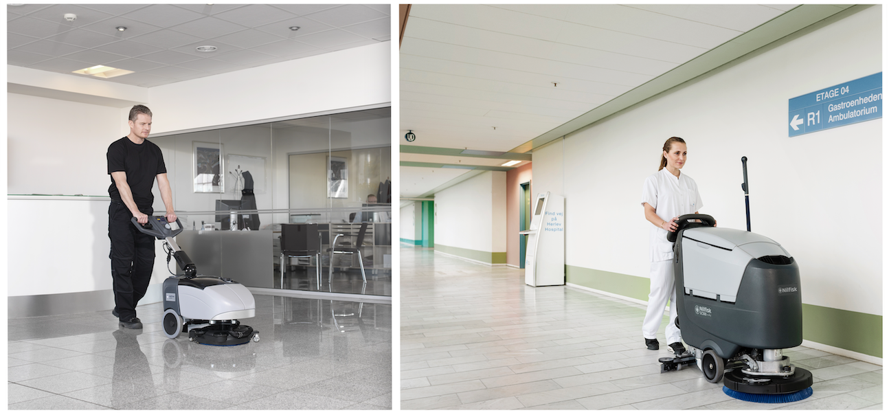 L’autolaveuse compacte SC351 (à gauche) est à la fois maniable, fiable et accessible en termes de coût, tandis que la SC550 (à droite) permet une gestion optimisée de l’eau et des détergents.